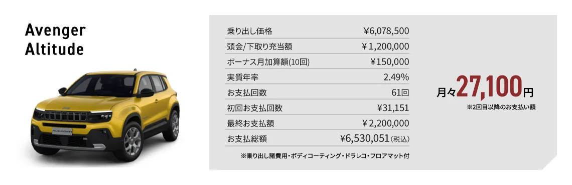 Avenger Altitude 月々27,100円 ※乗り出し諸費⽤・ボディコーティング・ドラレコ・フロアマット付